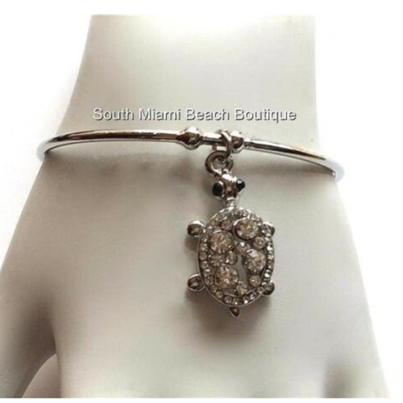 Sea Turtle Charm Bracelet Silver Plated Crystal Nautical Island Wire Bangle - Picture 2 of 8
